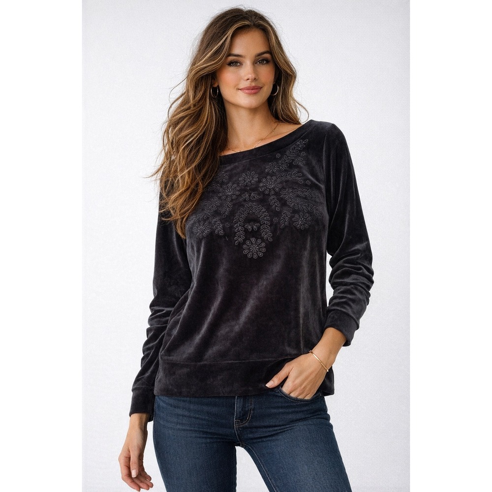 Lilly Pulitzer Gray Velvet Embroidered Long Sleeve Top Small Floral Charcoal